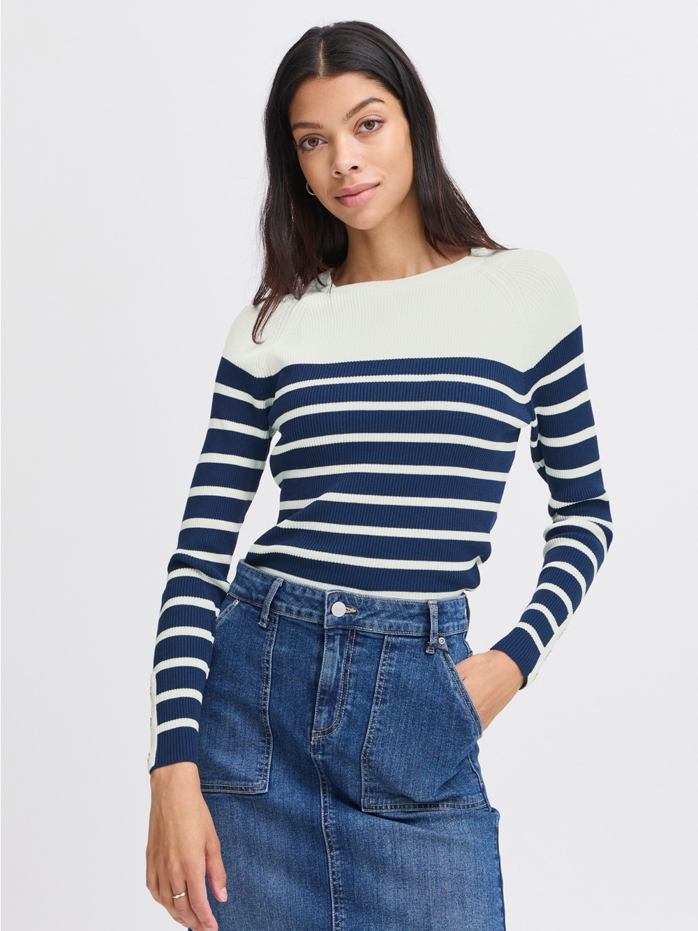 B.Young Striped Ribbed Knit Boatneck Top - Navy & Cream